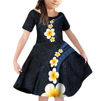 Pacific Hibiscus and Plumeria with Tapa Pattern Family Matching Off Shoulder Short Dress and Hawaiian Shirt Dark Blue Color LT03 Daughter's Dress Blue - Polynesian Pride