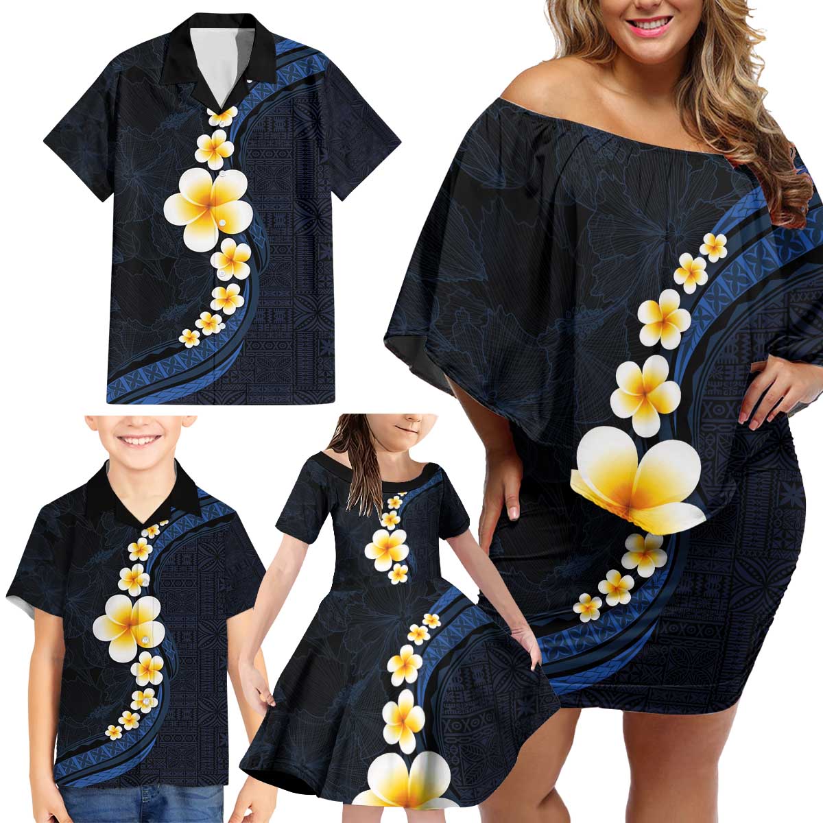 Pacific Hibiscus and Plumeria with Tapa Pattern Family Matching Off Shoulder Short Dress and Hawaiian Shirt Dark Blue Color LT03 - Polynesian Pride