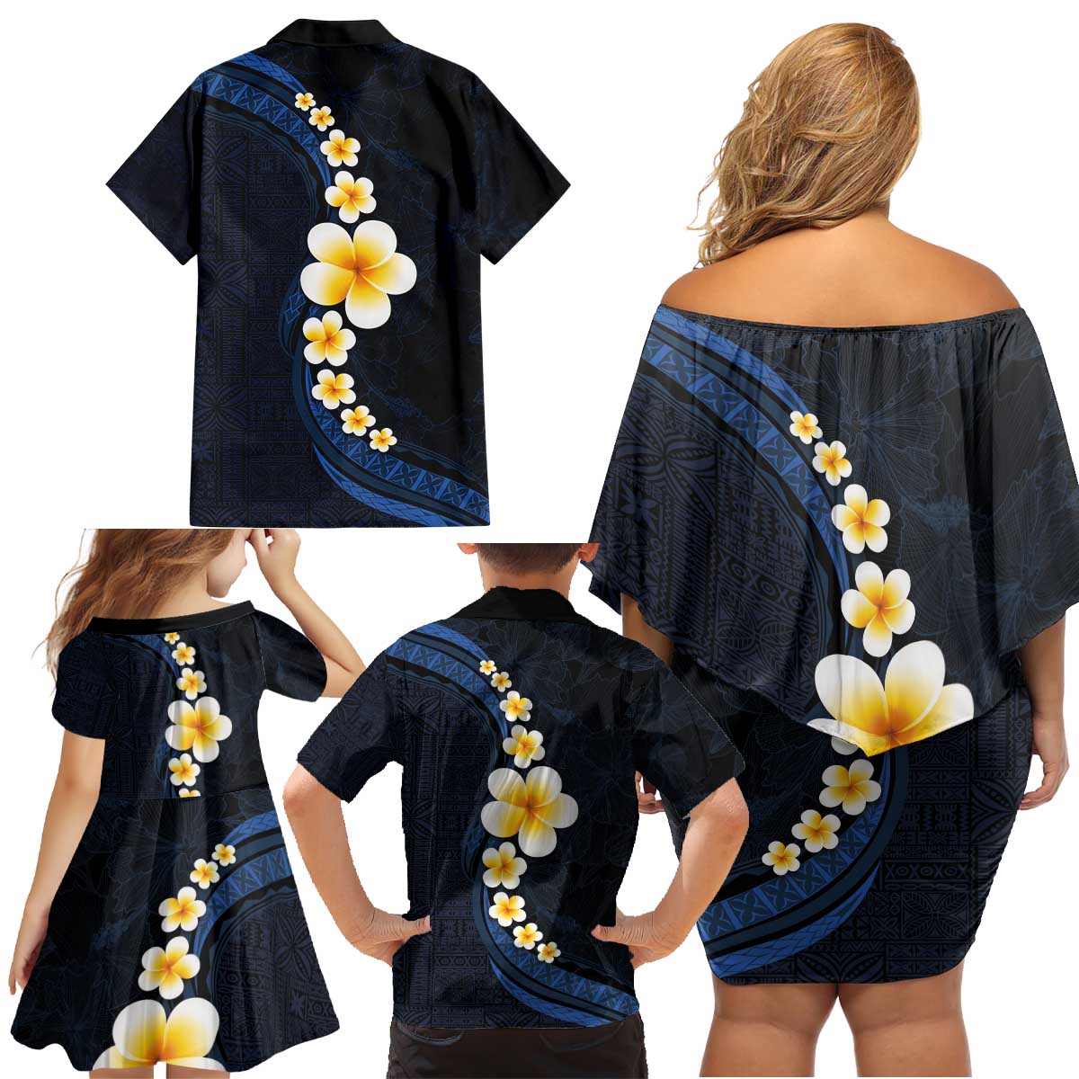 Pacific Hibiscus and Plumeria with Tapa Pattern Family Matching Off Shoulder Short Dress and Hawaiian Shirt Dark Blue Color LT03 - Polynesian Pride