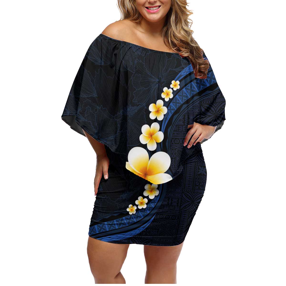 Pacific Hibiscus and Plumeria with Tapa Pattern Family Matching Off Shoulder Short Dress and Hawaiian Shirt Dark Blue Color LT03 Mom's Dress Blue - Polynesian Pride