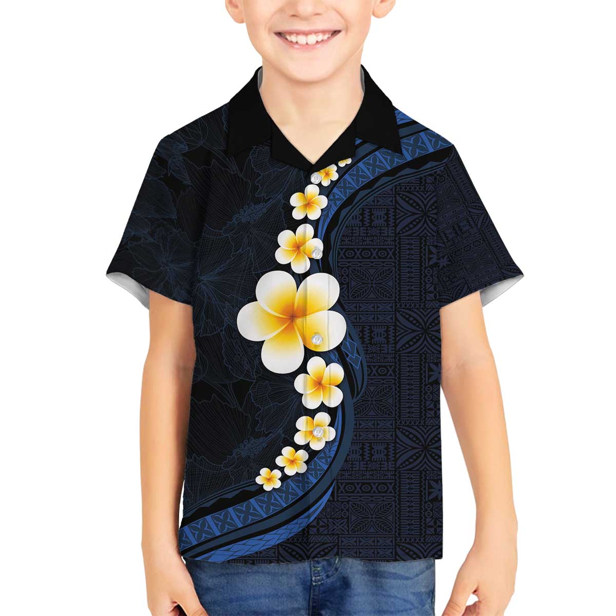 Pacific Hibiscus and Plumeria with Tapa Pattern Family Matching Off Shoulder Short Dress and Hawaiian Shirt Dark Blue Color LT03 Son's Shirt Blue - Polynesian Pride