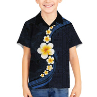 Pacific Hibiscus and Plumeria with Tapa Pattern Family Matching Off Shoulder Short Dress and Hawaiian Shirt Dark Blue Color LT03 Son's Shirt Blue - Polynesian Pride