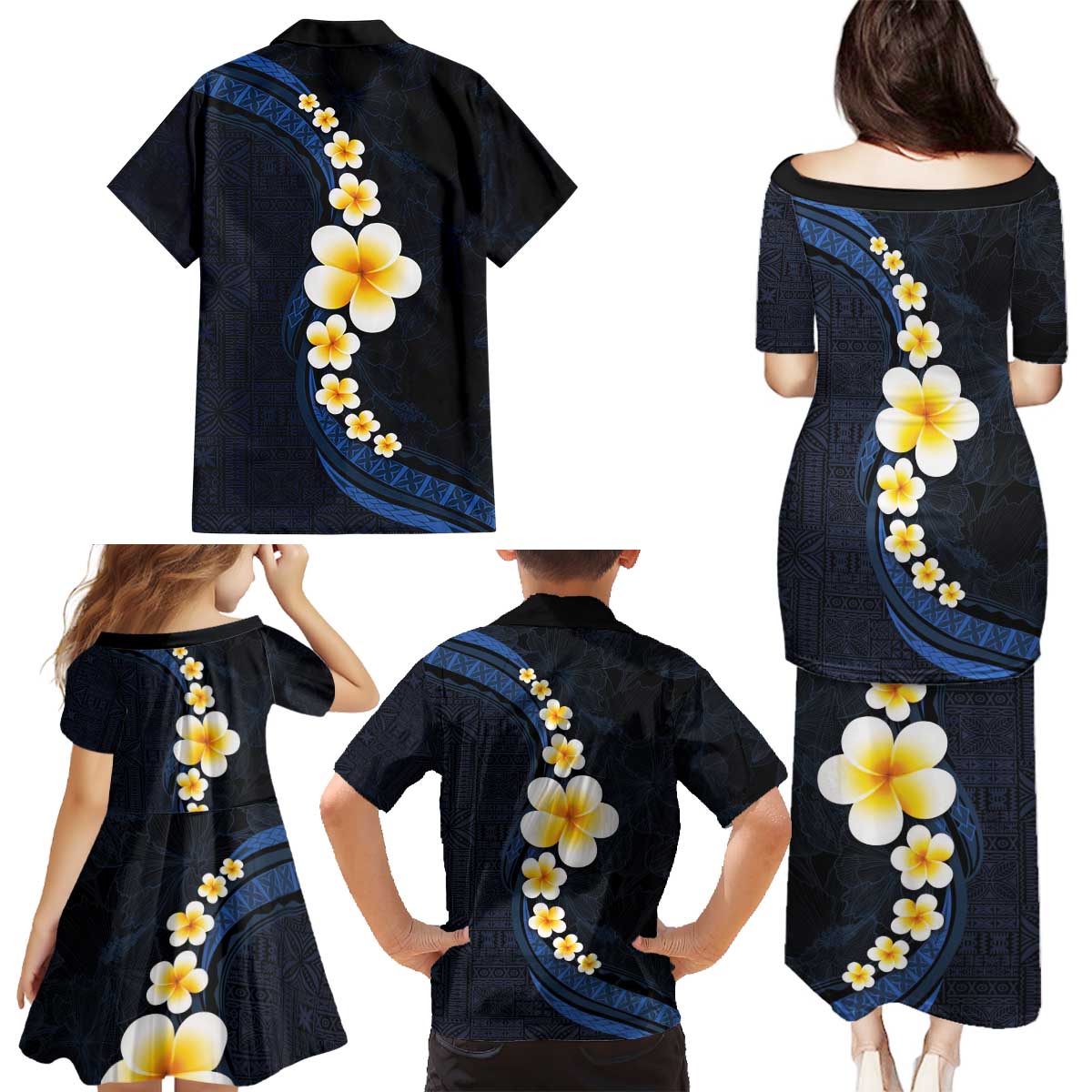 Pacific Hibiscus and Plumeria with Tapa Pattern Family Matching Puletasi and Hawaiian Shirt Dark Blue Color LT03 - Polynesian Pride