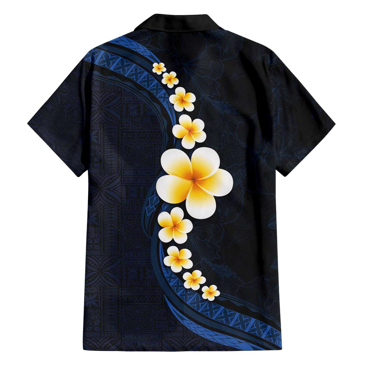 Pacific Hibiscus and Plumeria with Tapa Pattern Family Matching Puletasi and Hawaiian Shirt Dark Blue Color LT03 - Polynesian Pride