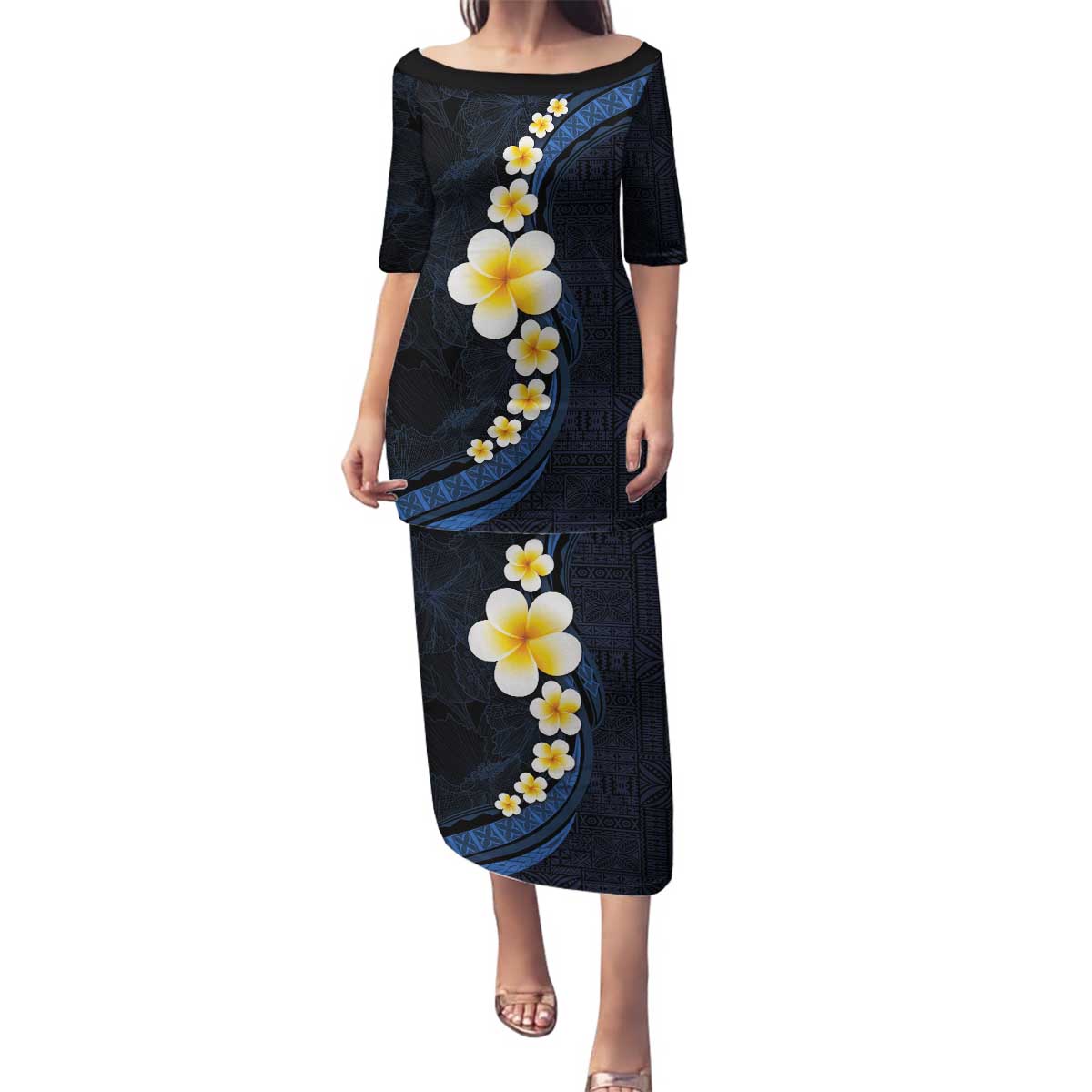 Pacific Hibiscus and Plumeria with Tapa Pattern Family Matching Puletasi and Hawaiian Shirt Dark Blue Color LT03 Mom's Dress Blue - Polynesian Pride