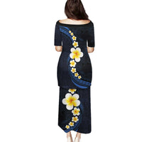 Pacific Hibiscus and Plumeria with Tapa Pattern Family Matching Puletasi and Hawaiian Shirt Dark Blue Color LT03 - Polynesian Pride