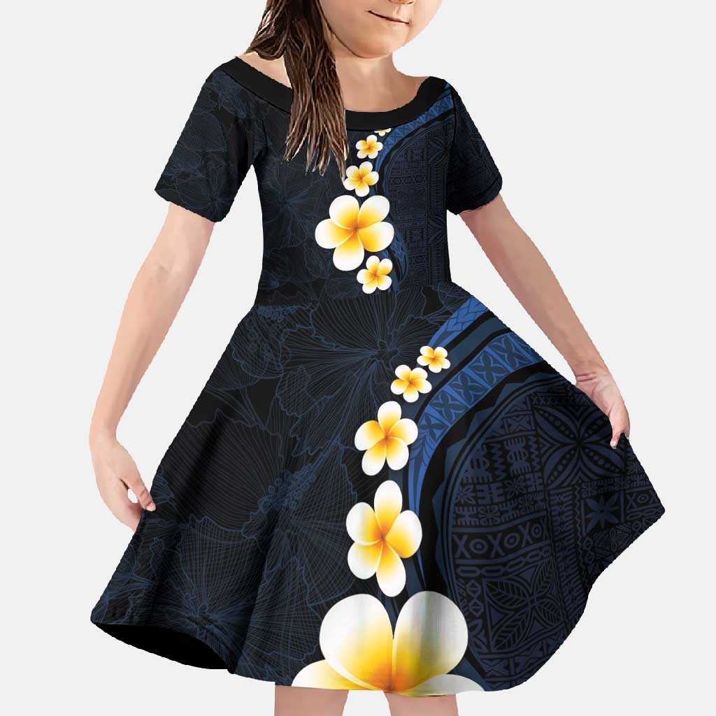 Pacific Hibiscus and Plumeria with Tapa Pattern Family Matching Short Sleeve Bodycon Dress and Hawaiian Shirt Dark Blue Color LT03 Daughter's Dress Blue - Polynesian Pride
