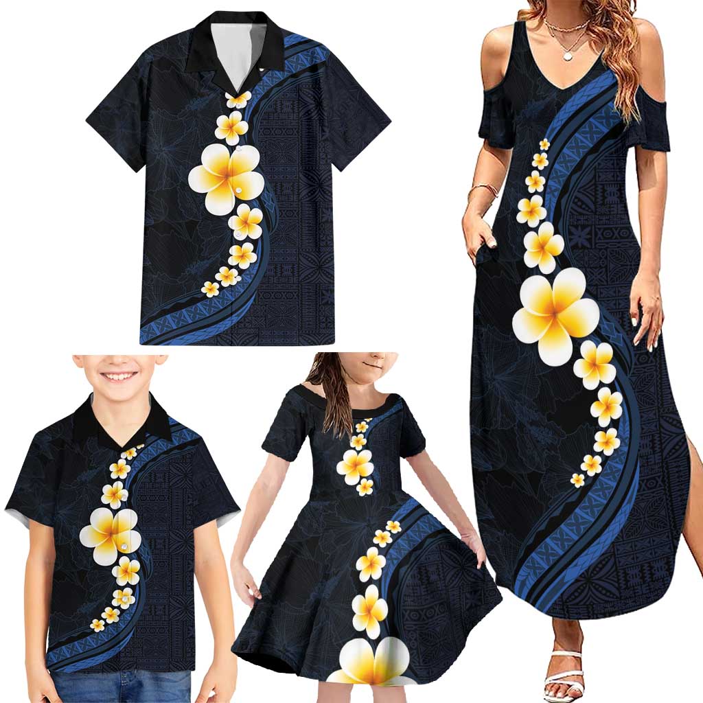 Pacific Hibiscus and Plumeria with Tapa Pattern Family Matching Summer Maxi Dress and Hawaiian Shirt Dark Blue Color LT03 - Polynesian Pride