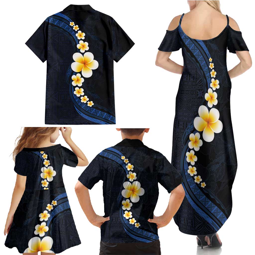 Pacific Hibiscus and Plumeria with Tapa Pattern Family Matching Summer Maxi Dress and Hawaiian Shirt Dark Blue Color LT03 - Polynesian Pride