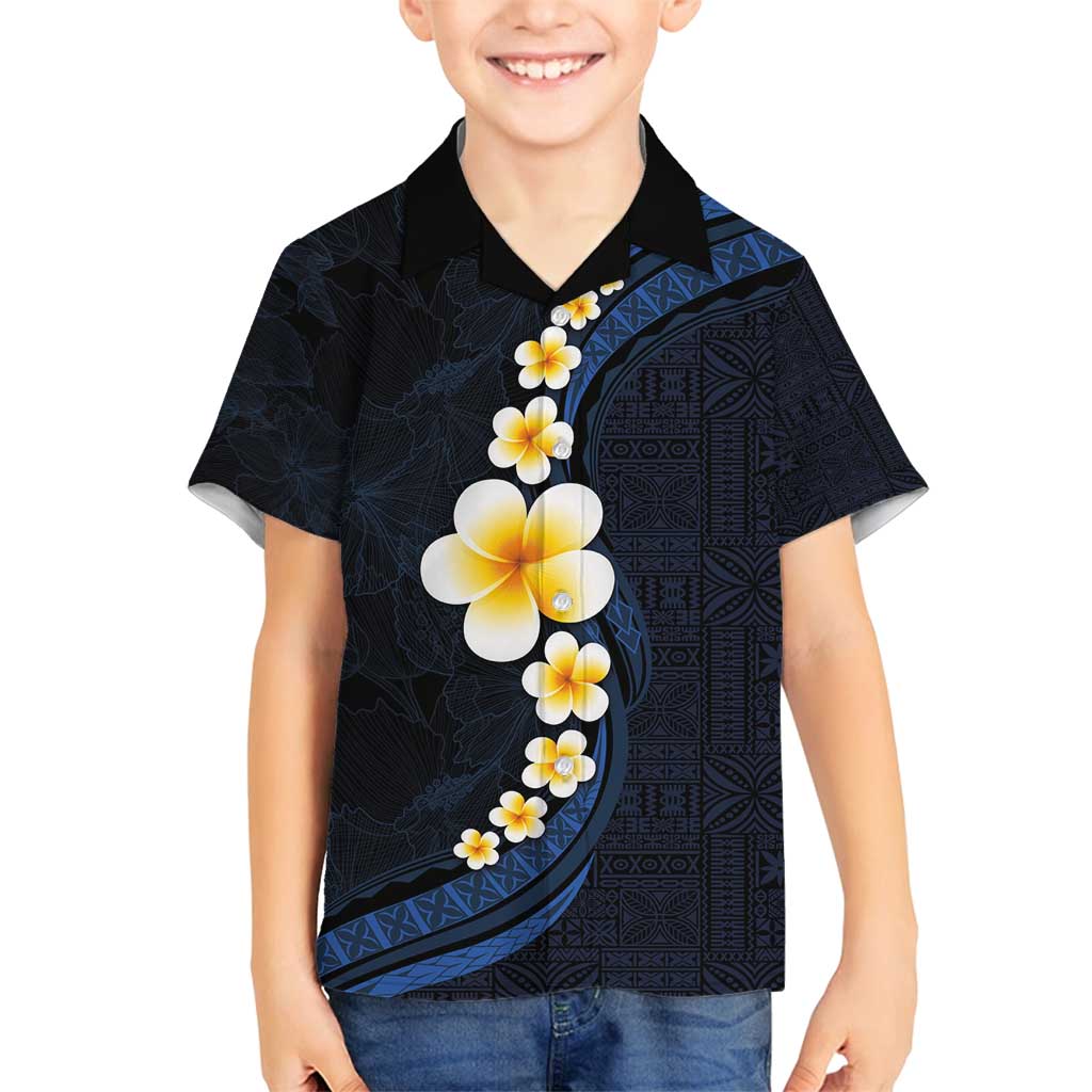 Pacific Hibiscus and Plumeria with Tapa Pattern Family Matching Summer Maxi Dress and Hawaiian Shirt Dark Blue Color LT03 Son's Shirt Blue - Polynesian Pride