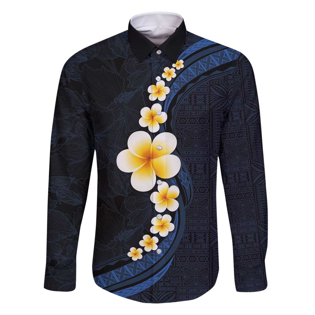 Pacific Hibiscus and Plumeria with Tapa Pattern Family Matching Tank Maxi Dress and Hawaiian Shirt Dark Blue Color LT03 Dad's Shirt - Long Sleeve Blue - Polynesian Pride