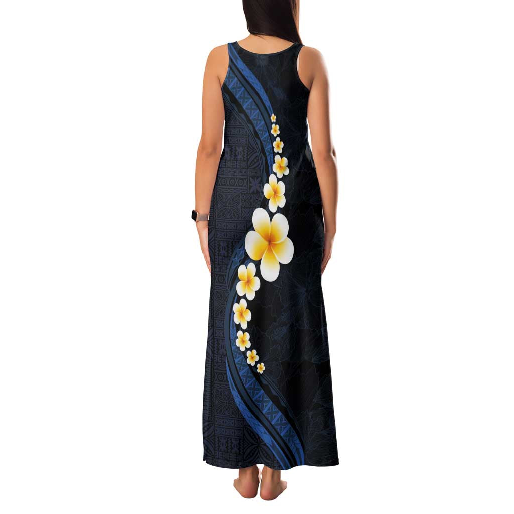 Pacific Hibiscus and Plumeria with Tapa Pattern Family Matching Tank Maxi Dress and Hawaiian Shirt Dark Blue Color LT03 - Polynesian Pride