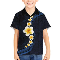 Pacific Hibiscus and Plumeria with Tapa Pattern Family Matching Tank Maxi Dress and Hawaiian Shirt Dark Blue Color LT03 Son's Shirt Blue - Polynesian Pride