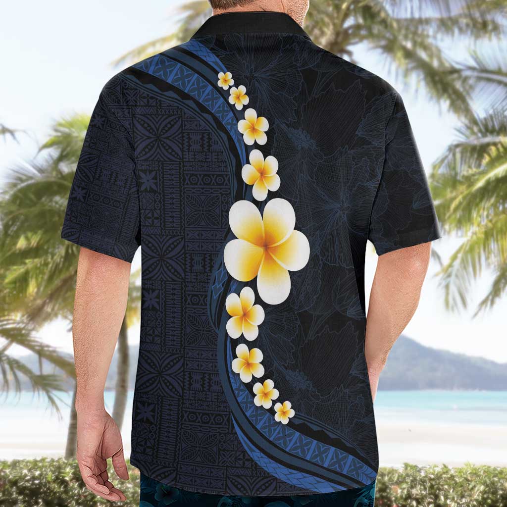 Pacific Hibiscus and Plumeria with Tapa Pattern Hawaiian Shirt Dark Blue Color