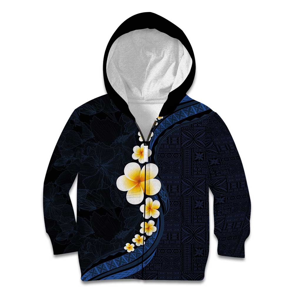 Pacific Hibiscus and Plumeria with Tapa Pattern Kid Hoodie Dark Blue Color LT03 Zip Hoodie Blue - Polynesian Pride