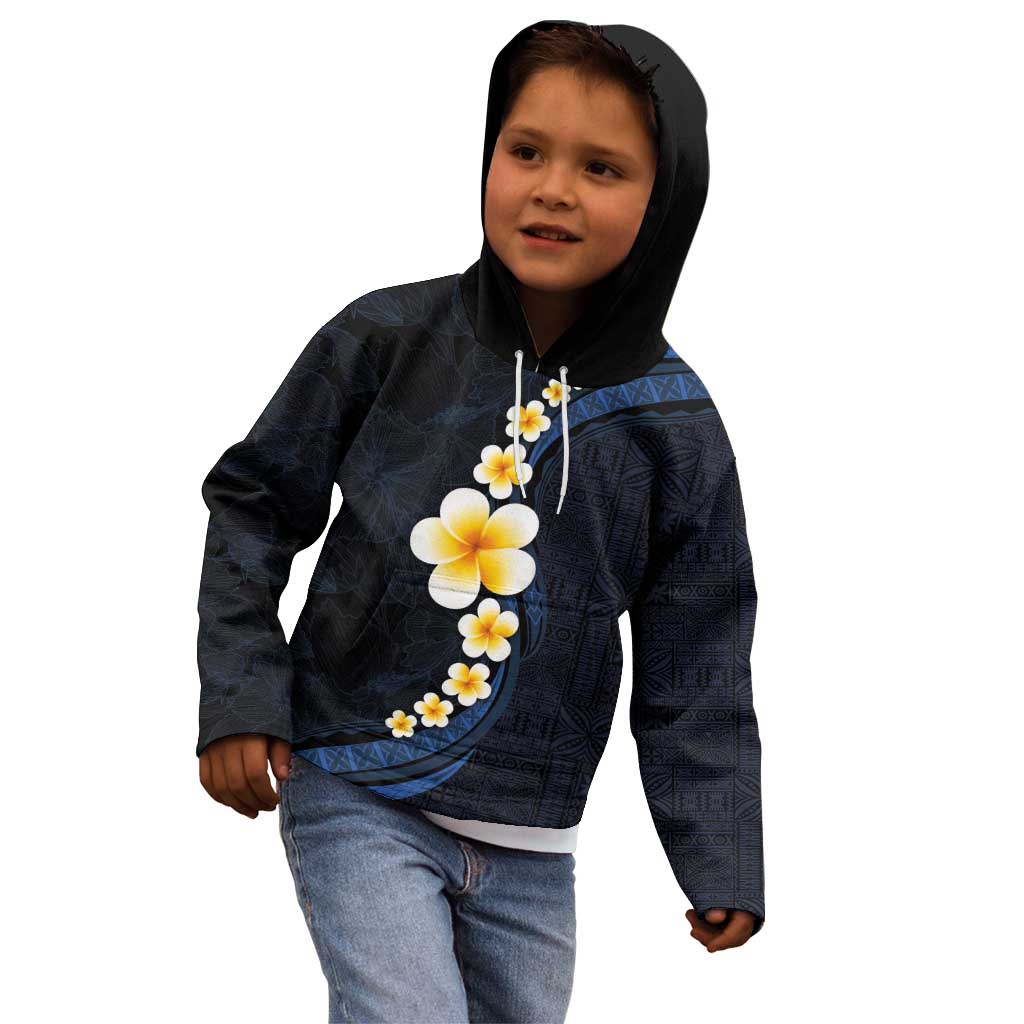 Pacific Hibiscus and Plumeria with Tapa Pattern Kid Hoodie Dark Blue Color LT03 - Polynesian Pride