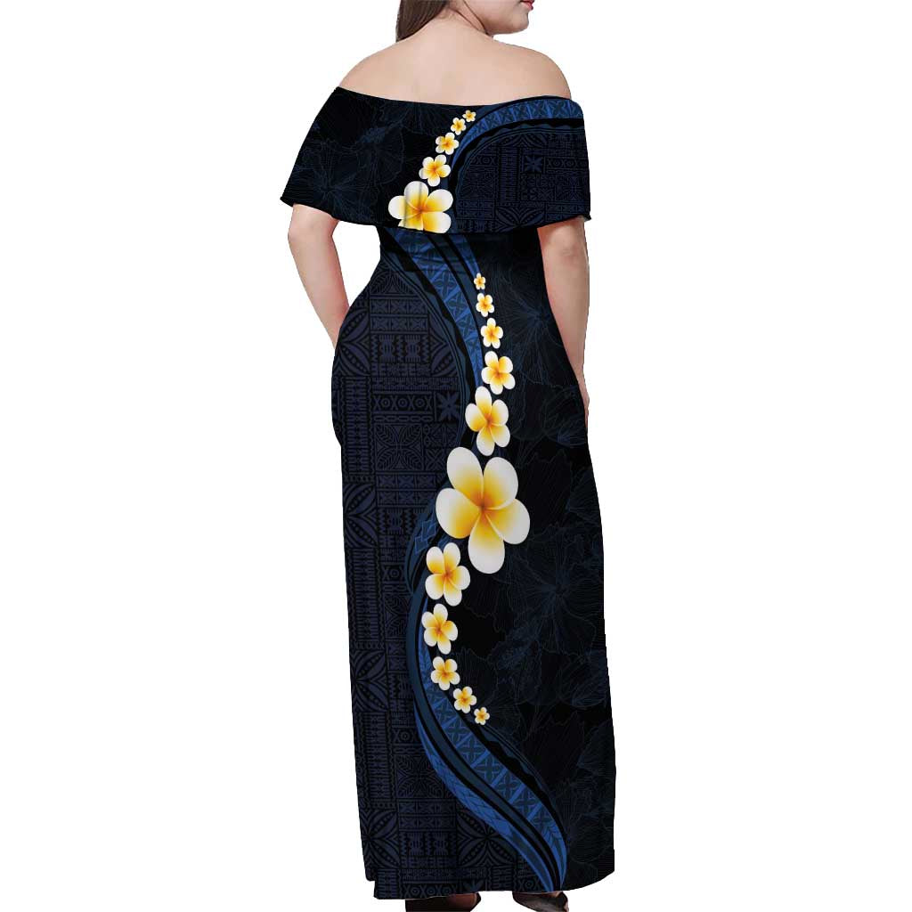 Pacific Hibiscus and Plumeria with Tapa Pattern Off Shoulder Maxi Dress Dark Blue Color