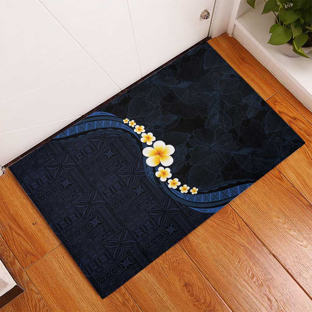 Pacific Hibiscus and Plumeria with Tapa Pattern Rubber Doormat Dark Blue Color