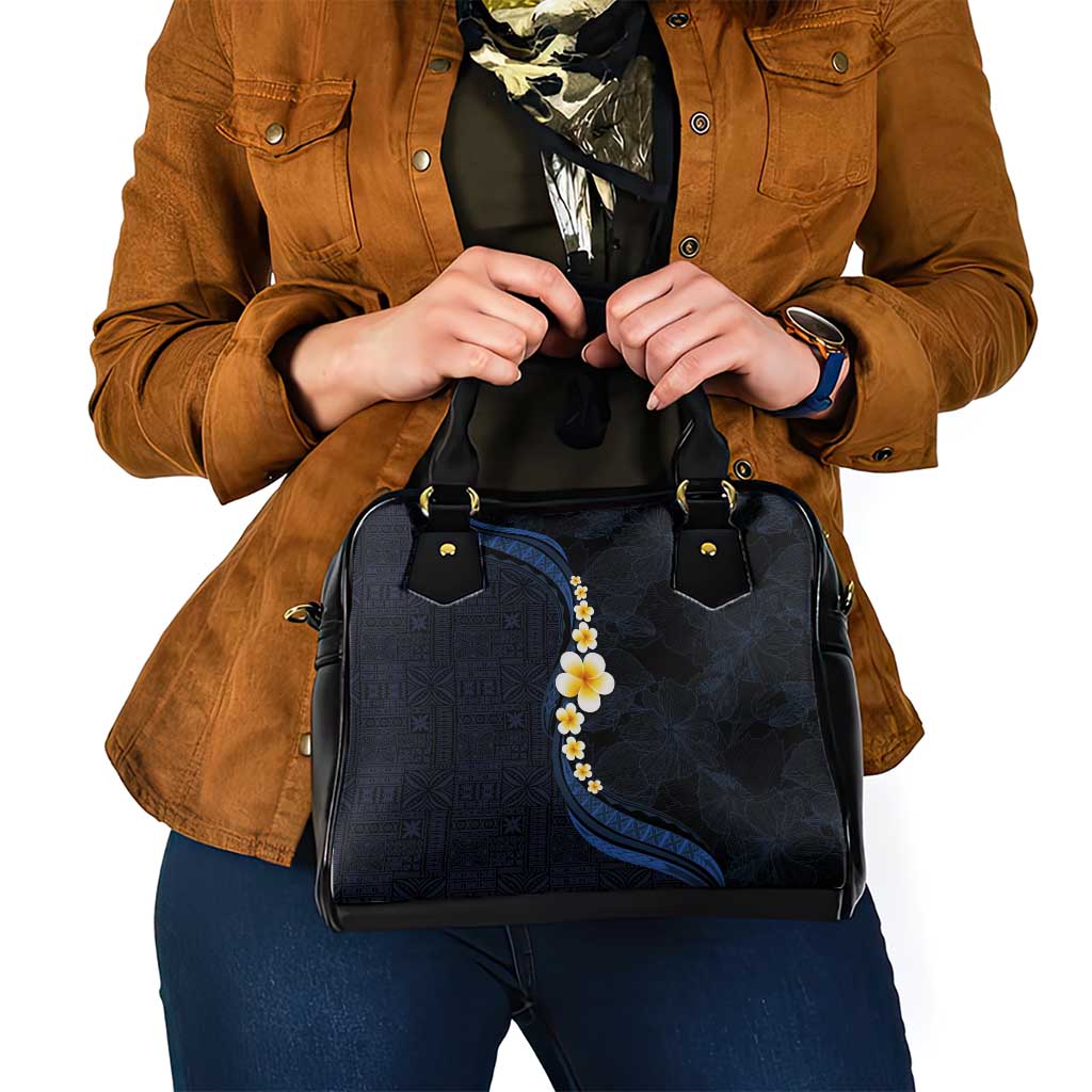 Pacific Hibiscus and Plumeria with Tapa Pattern Shoulder Handbag Dark Blue Color