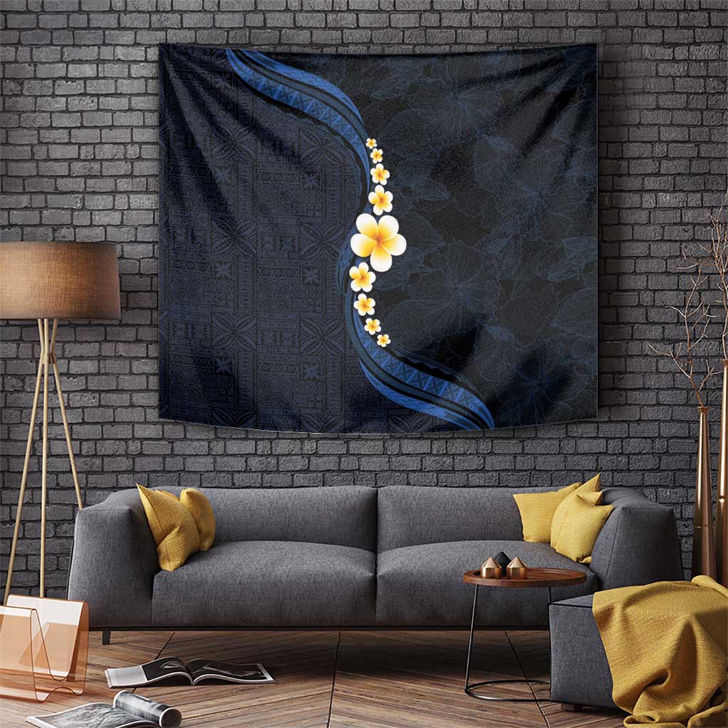 Pacific Hibiscus and Plumeria with Tapa Pattern Tapestry Dark Blue Color LT03 - Polynesian Pride