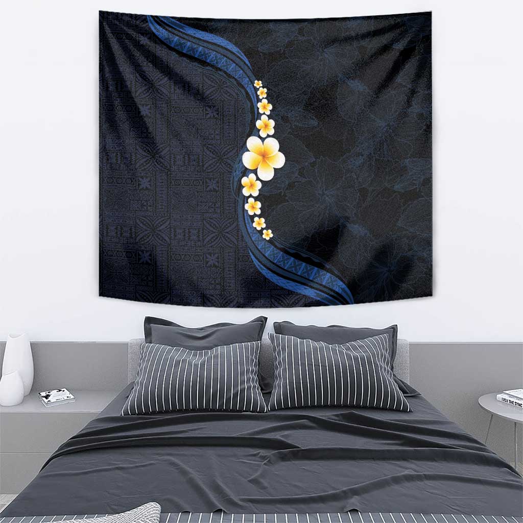 Pacific Hibiscus and Plumeria with Tapa Pattern Tapestry Dark Blue Color LT03 - Polynesian Pride