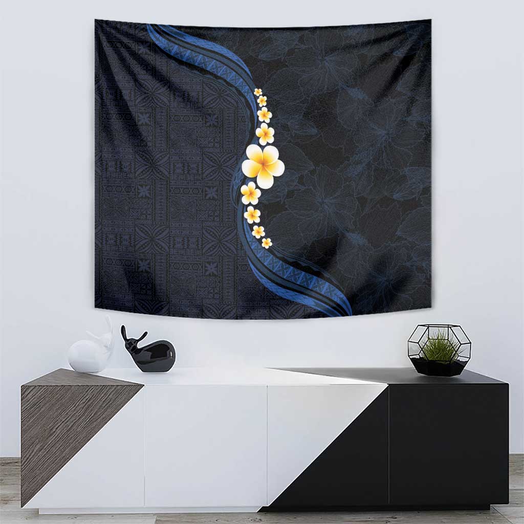 Pacific Hibiscus and Plumeria with Tapa Pattern Tapestry Dark Blue Color LT03 - Polynesian Pride