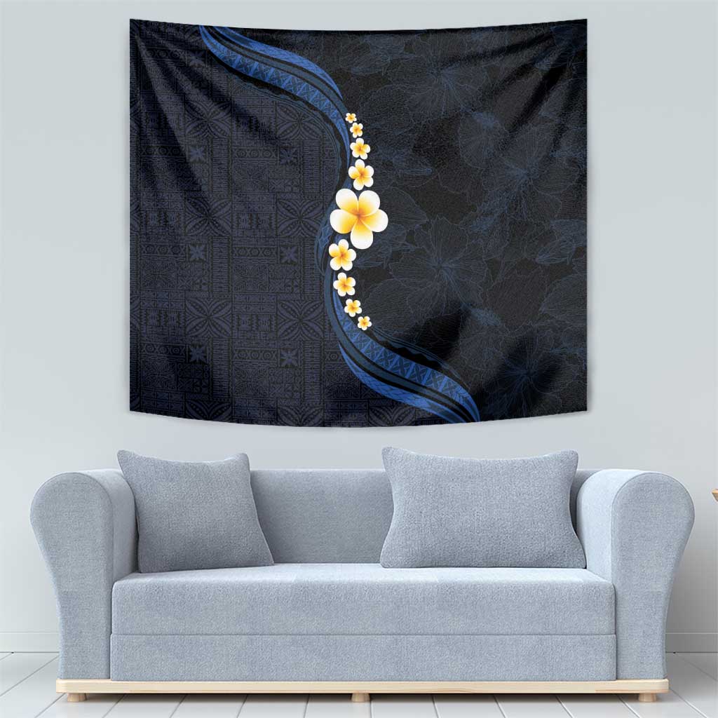 Pacific Hibiscus and Plumeria with Tapa Pattern Tapestry Dark Blue Color LT03 - Polynesian Pride