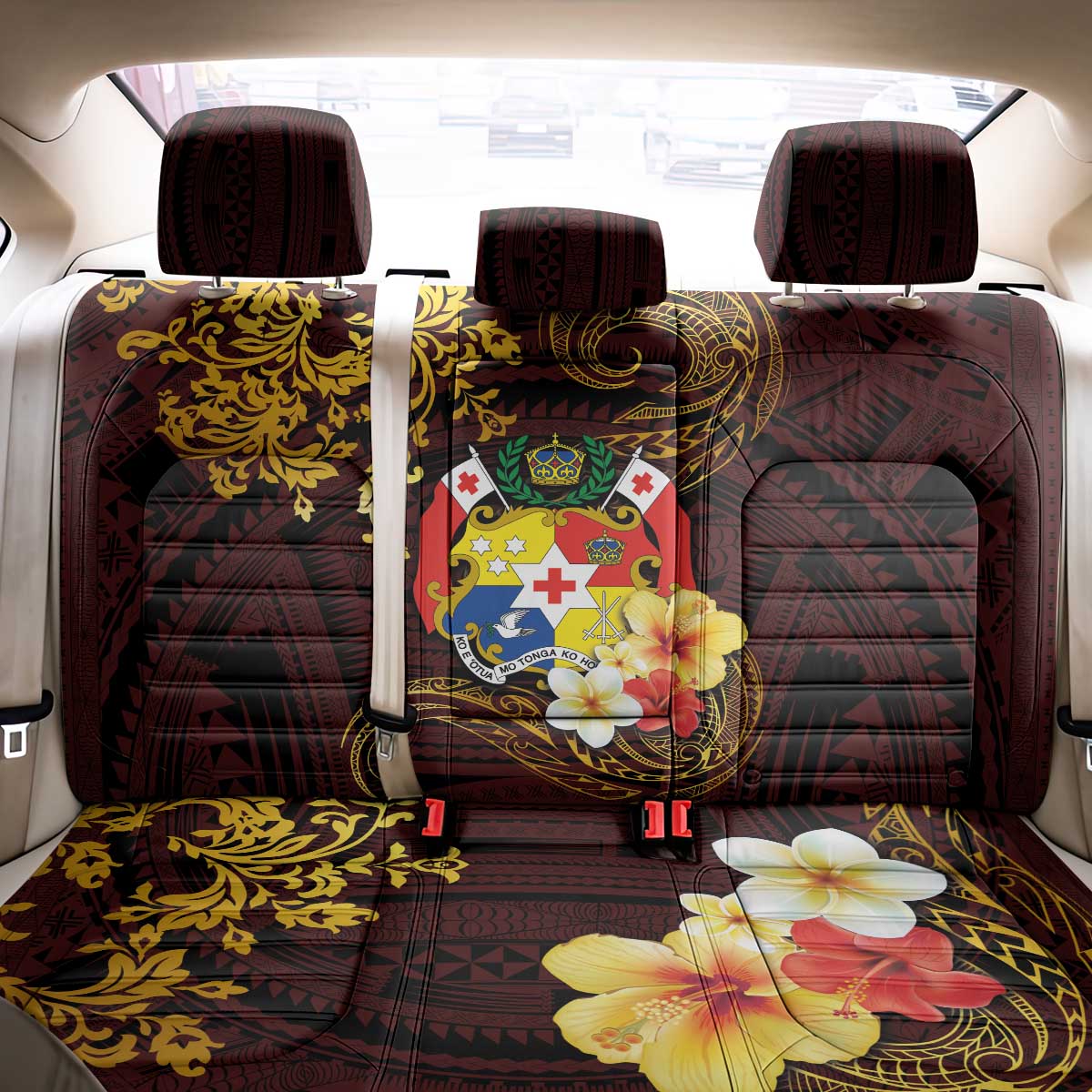 Tonga Ngatu and Hibiscus with Polynesian Tattoo Back Car Seat Cover Gold and Oxblood Color LT03 - Polynesian Pride