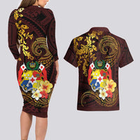 Tonga Ngatu and Hibiscus with Polynesian Tattoo Couples Matching Long Sleeve Bodycon Dress and Hawaiian Shirt Gold and Oxblood Color LT03 - Polynesian Pride