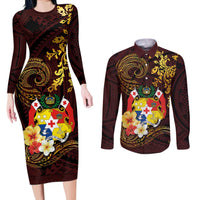 Tonga Ngatu and Hibiscus with Polynesian Tattoo Couples Matching Long Sleeve Bodycon Dress and Long Sleeve Button Shirt Gold and Oxblood Color LT03 Oxblood - Polynesian Pride