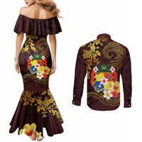 Tonga Ngatu and Hibiscus with Polynesian Tattoo Couples Matching Mermaid Dress and Long Sleeve Button Shirt Gold and Oxblood Color LT03 - Polynesian Pride