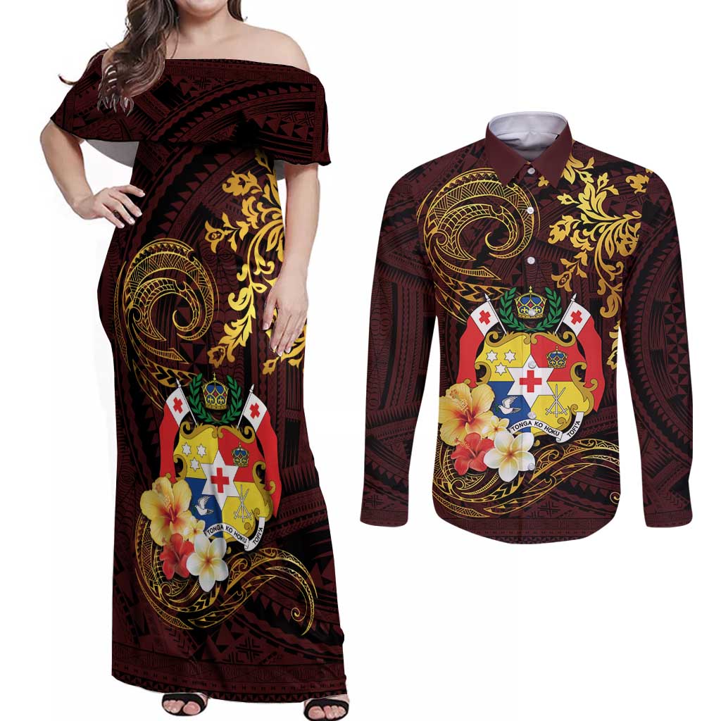 Tonga Ngatu and Hibiscus with Polynesian Tattoo Couples Matching Off Shoulder Maxi Dress and Long Sleeve Button Shirt Gold and Oxblood Color LT03 Oxblood - Polynesian Pride