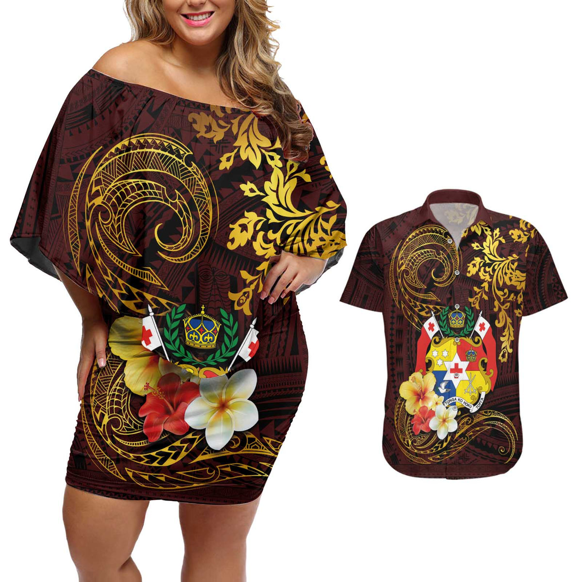 Tonga Ngatu and Hibiscus with Polynesian Tattoo Couples Matching Off Shoulder Short Dress and Hawaiian Shirt Gold and Oxblood Color LT03 Oxblood - Polynesian Pride
