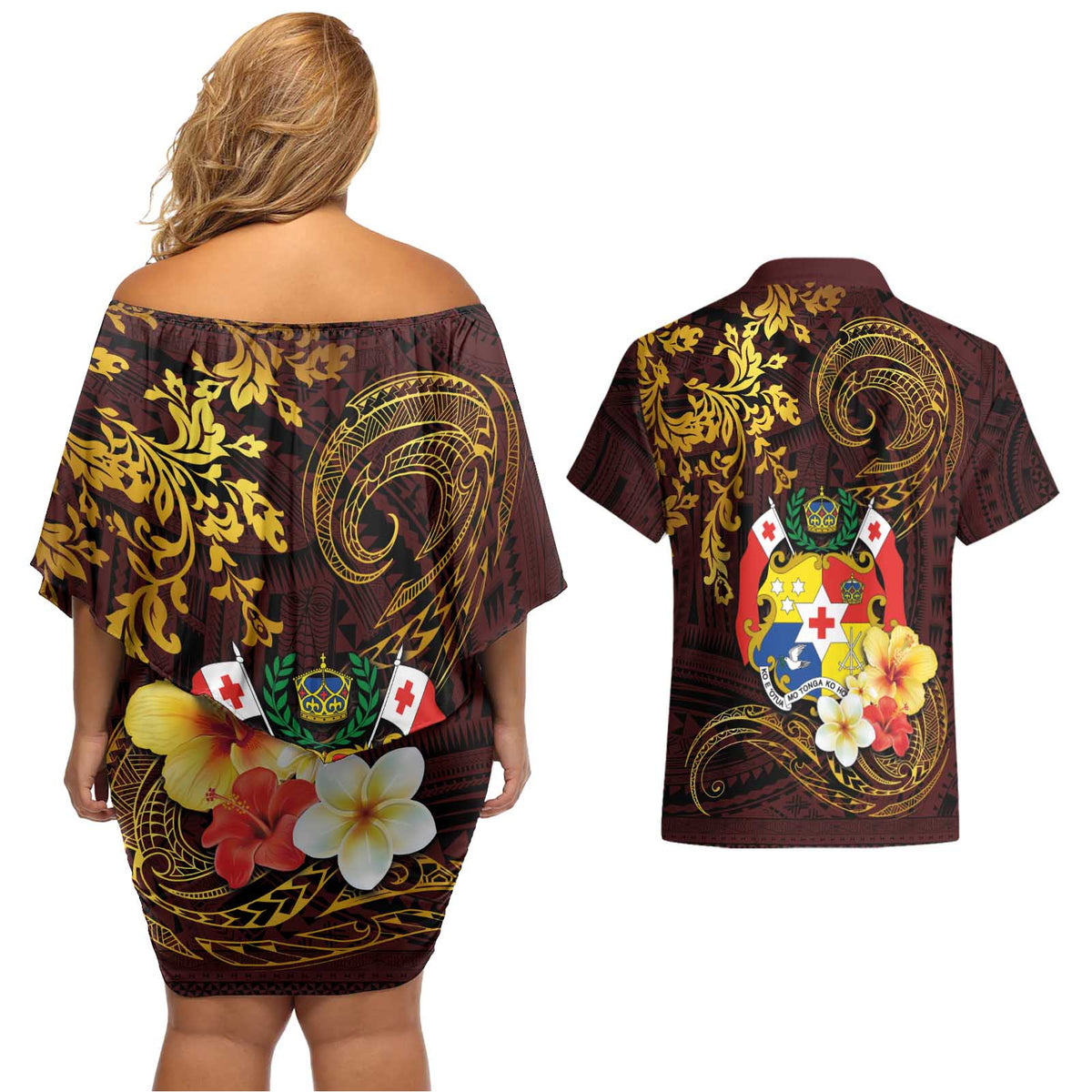 Tonga Ngatu and Hibiscus with Polynesian Tattoo Couples Matching Off Shoulder Short Dress and Hawaiian Shirt Gold and Oxblood Color LT03 - Polynesian Pride