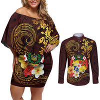 Tonga Ngatu and Hibiscus with Polynesian Tattoo Couples Matching Off Shoulder Short Dress and Long Sleeve Button Shirt Gold and Oxblood Color LT03 Oxblood - Polynesian Pride