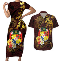 Tonga Ngatu and Hibiscus with Polynesian Tattoo Couples Matching Short Sleeve Bodycon Dress and Hawaiian Shirt Gold and Oxblood Color LT03 Oxblood - Polynesian Pride