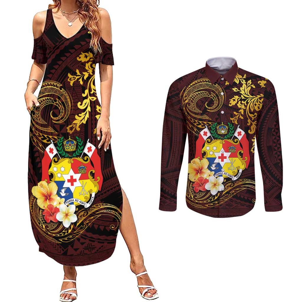 Tonga Ngatu and Hibiscus with Polynesian Tattoo Couples Matching Summer Maxi Dress and Long Sleeve Button Shirt Gold and Oxblood Color LT03 Oxblood - Polynesian Pride