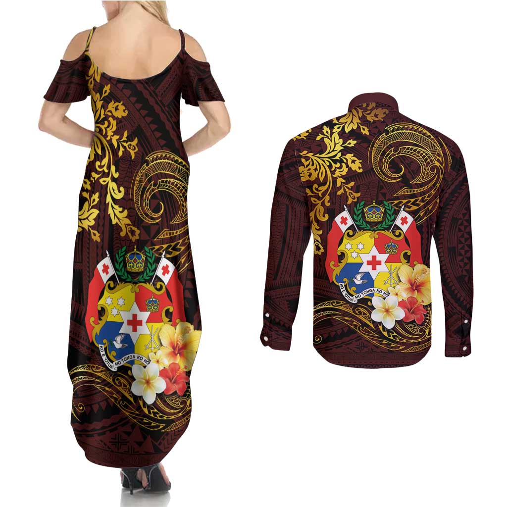 Tonga Ngatu and Hibiscus with Polynesian Tattoo Couples Matching Summer Maxi Dress and Long Sleeve Button Shirt Gold and Oxblood Color LT03 - Polynesian Pride