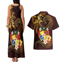 Tonga Ngatu and Hibiscus with Polynesian Tattoo Couples Matching Tank Maxi Dress and Hawaiian Shirt Gold and Oxblood Color LT03 - Polynesian Pride
