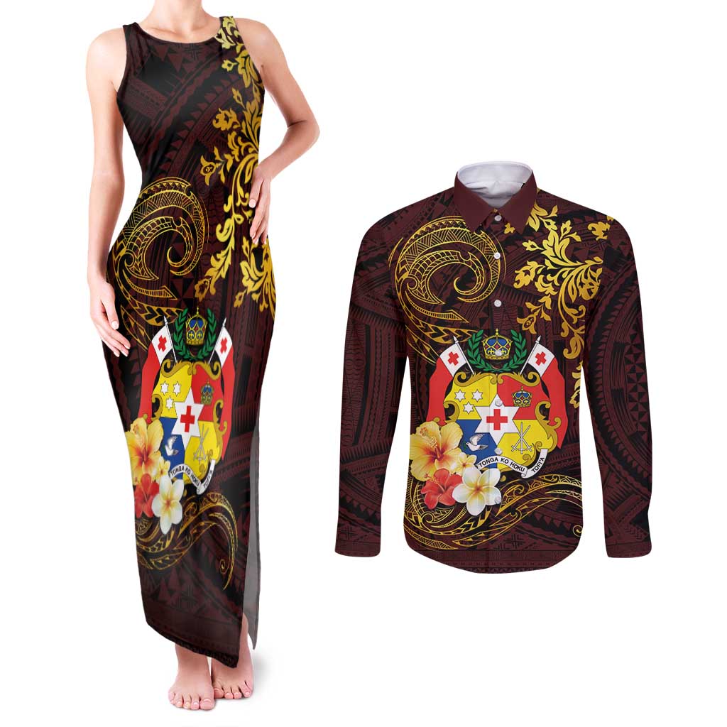 Tonga Ngatu and Hibiscus with Polynesian Tattoo Couples Matching Tank Maxi Dress and Long Sleeve Button Shirt Gold and Oxblood Color LT03 Oxblood - Polynesian Pride