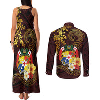 Tonga Ngatu and Hibiscus with Polynesian Tattoo Couples Matching Tank Maxi Dress and Long Sleeve Button Shirt Gold and Oxblood Color LT03 - Polynesian Pride