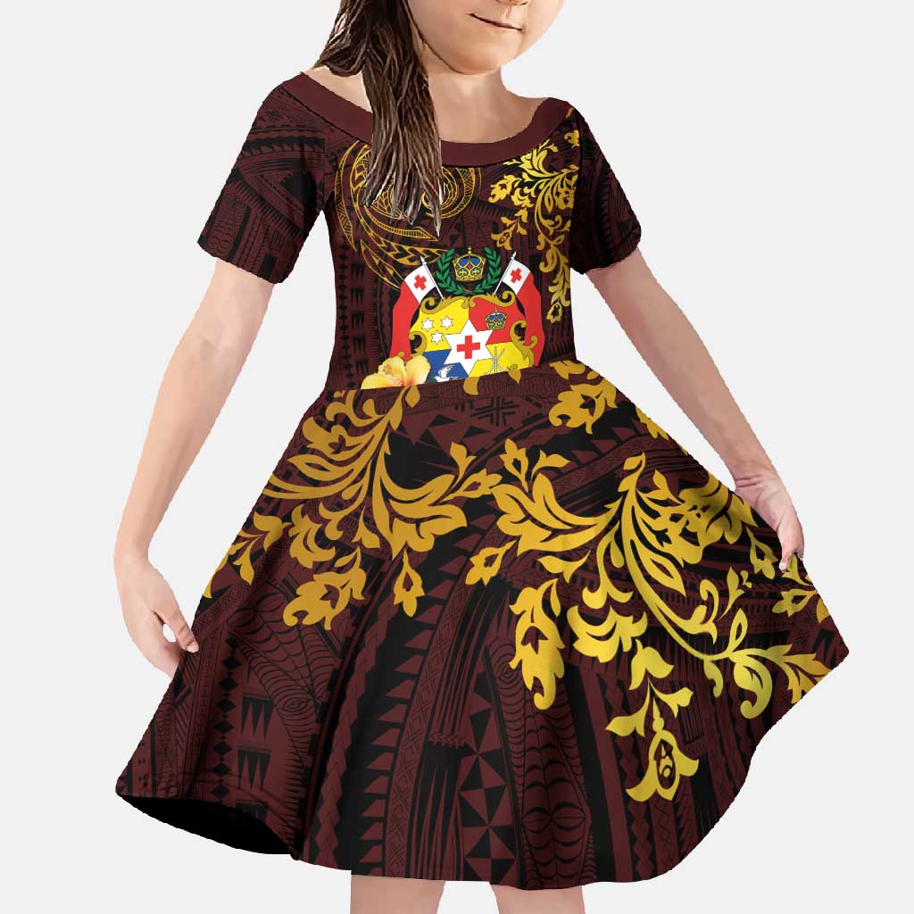 Tonga Ngatu and Hibiscus with Polynesian Tattoo Family Matching Long Sleeve Bodycon Dress and Hawaiian Shirt Gold and Oxblood Color LT03 Daughter's Dress Oxblood - Polynesian Pride