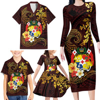 Tonga Ngatu and Hibiscus with Polynesian Tattoo Family Matching Long Sleeve Bodycon Dress and Hawaiian Shirt Gold and Oxblood Color LT03 - Polynesian Pride