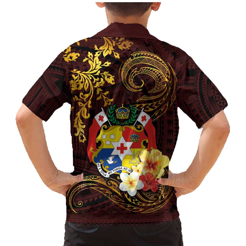 Tonga Ngatu and Hibiscus with Polynesian Tattoo Family Matching Mermaid Dress and Hawaiian Shirt Gold and Oxblood Color LT03 - Polynesian Pride