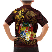 Tonga Ngatu and Hibiscus with Polynesian Tattoo Family Matching Mermaid Dress and Hawaiian Shirt Gold and Oxblood Color LT03 - Polynesian Pride