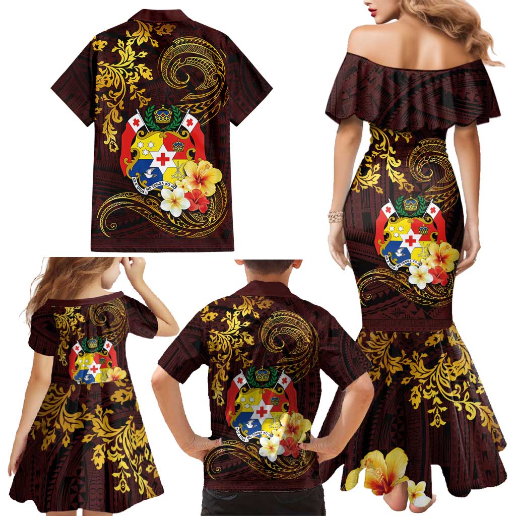 Tonga Ngatu and Hibiscus with Polynesian Tattoo Family Matching Mermaid Dress and Hawaiian Shirt Gold and Oxblood Color LT03 - Polynesian Pride