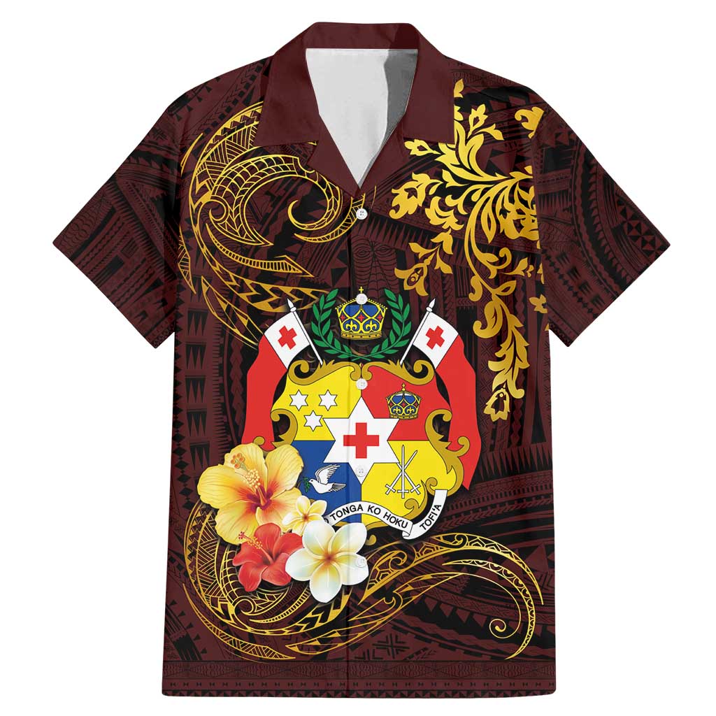 Tonga Ngatu and Hibiscus with Polynesian Tattoo Family Matching Mermaid Dress and Hawaiian Shirt Gold and Oxblood Color LT03 Dad's Shirt - Short Sleeve Oxblood - Polynesian Pride
