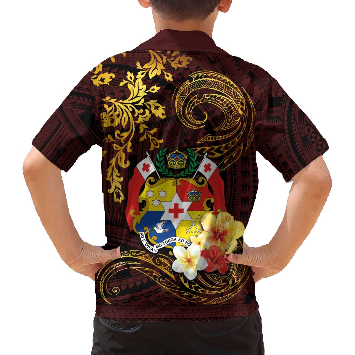 Tonga Ngatu and Hibiscus with Polynesian Tattoo Family Matching Off The Shoulder Long Sleeve Dress and Hawaiian Shirt Gold and Oxblood Color LT03 - Polynesian Pride