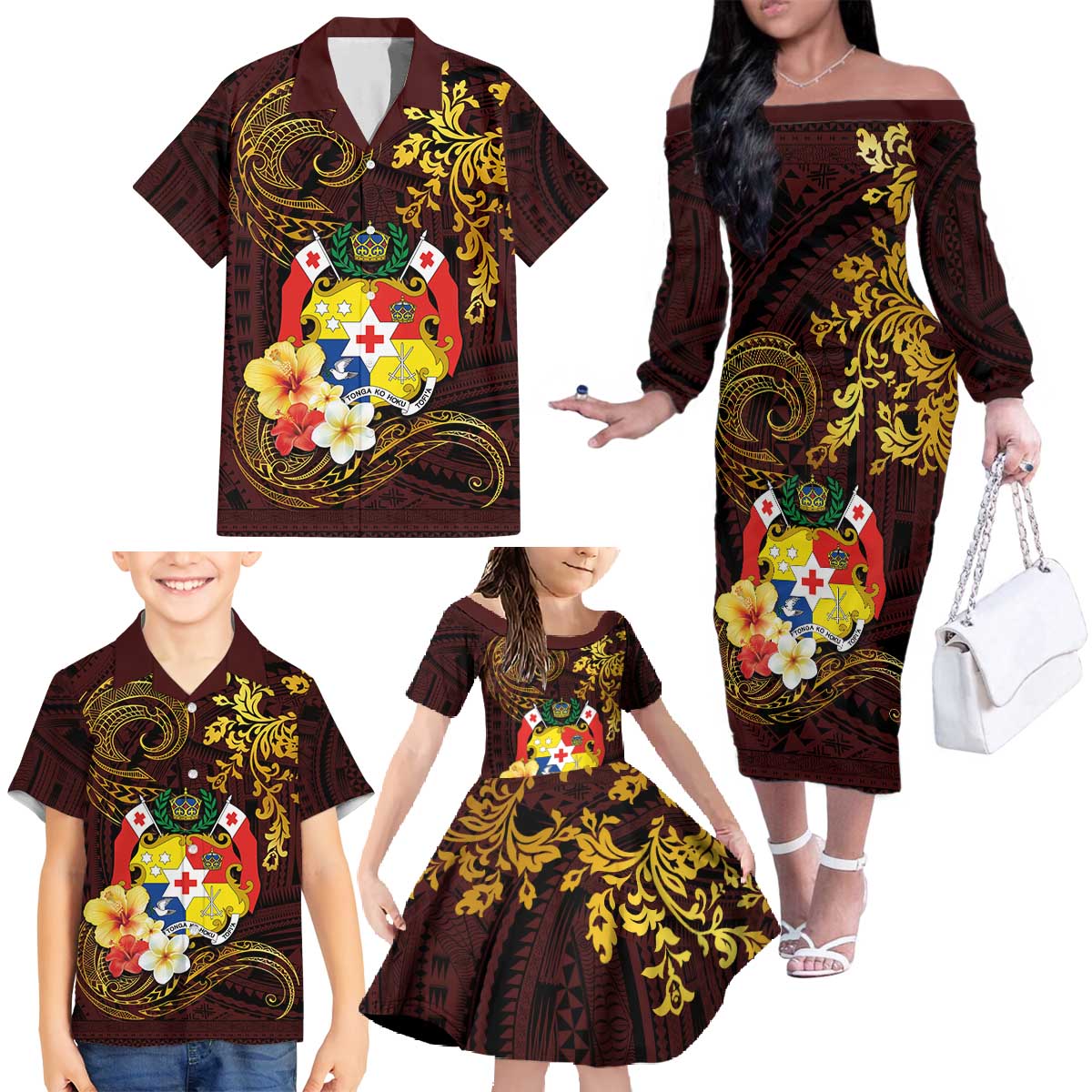 Tonga Ngatu and Hibiscus with Polynesian Tattoo Family Matching Off The Shoulder Long Sleeve Dress and Hawaiian Shirt Gold and Oxblood Color LT03 - Polynesian Pride