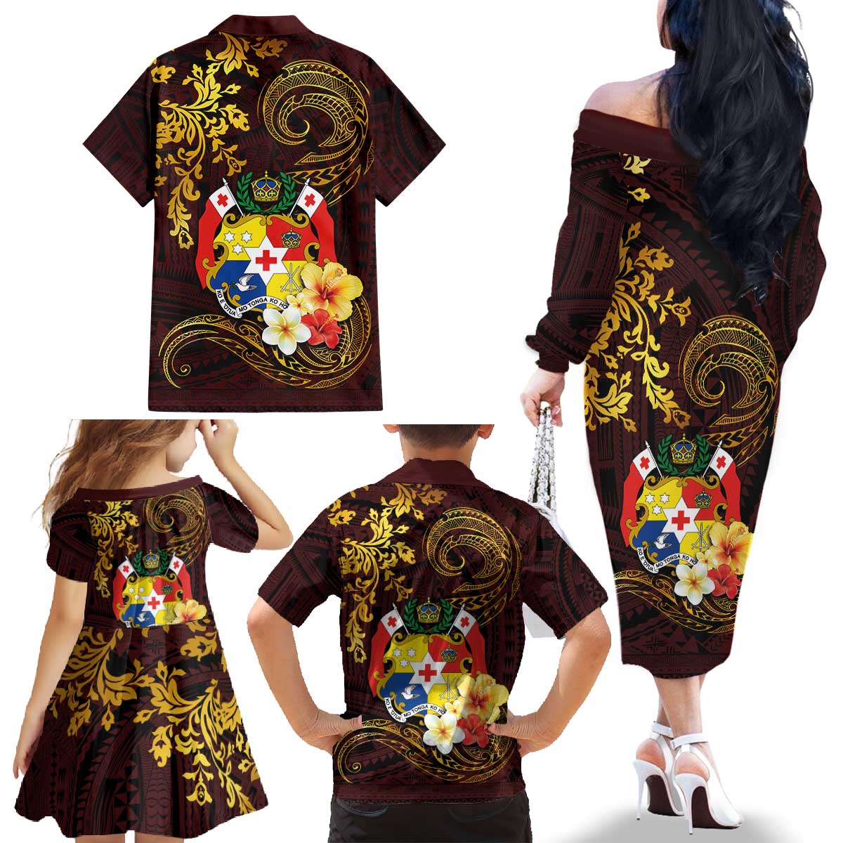 Tonga Ngatu and Hibiscus with Polynesian Tattoo Family Matching Off The Shoulder Long Sleeve Dress and Hawaiian Shirt Gold and Oxblood Color LT03 - Polynesian Pride